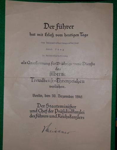 Award document for Treudienst Ehrenzeichen  